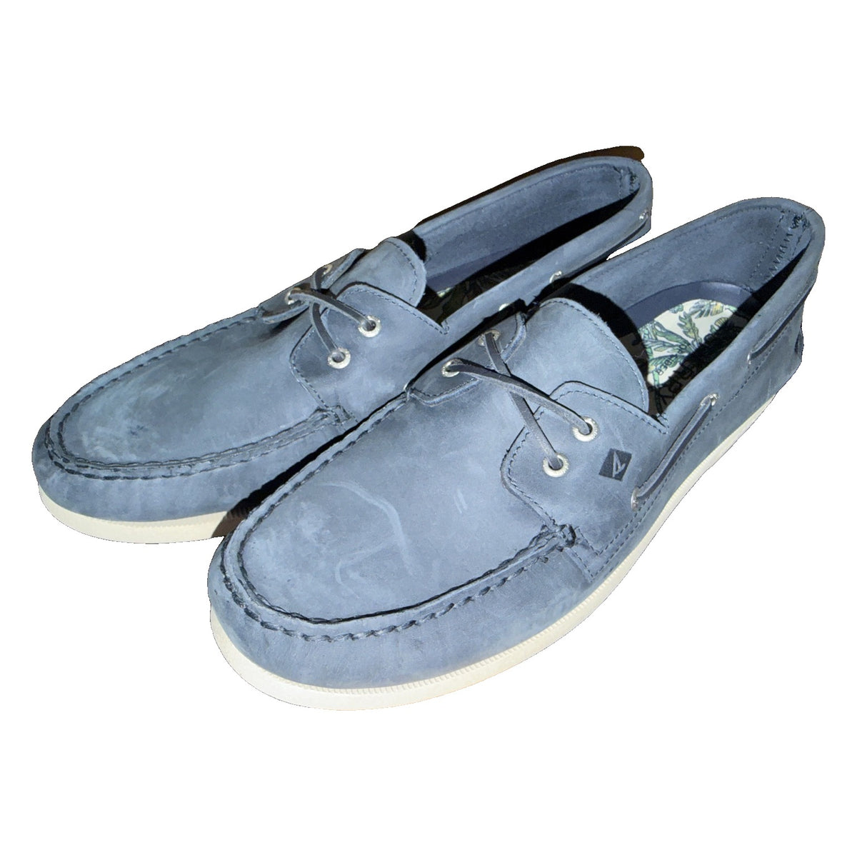 Men's Sperry Authentic Original 2-Eye Navy Nubuck Leather Boat Shoes, size 15, new in box, featuring classic slip-on design.
