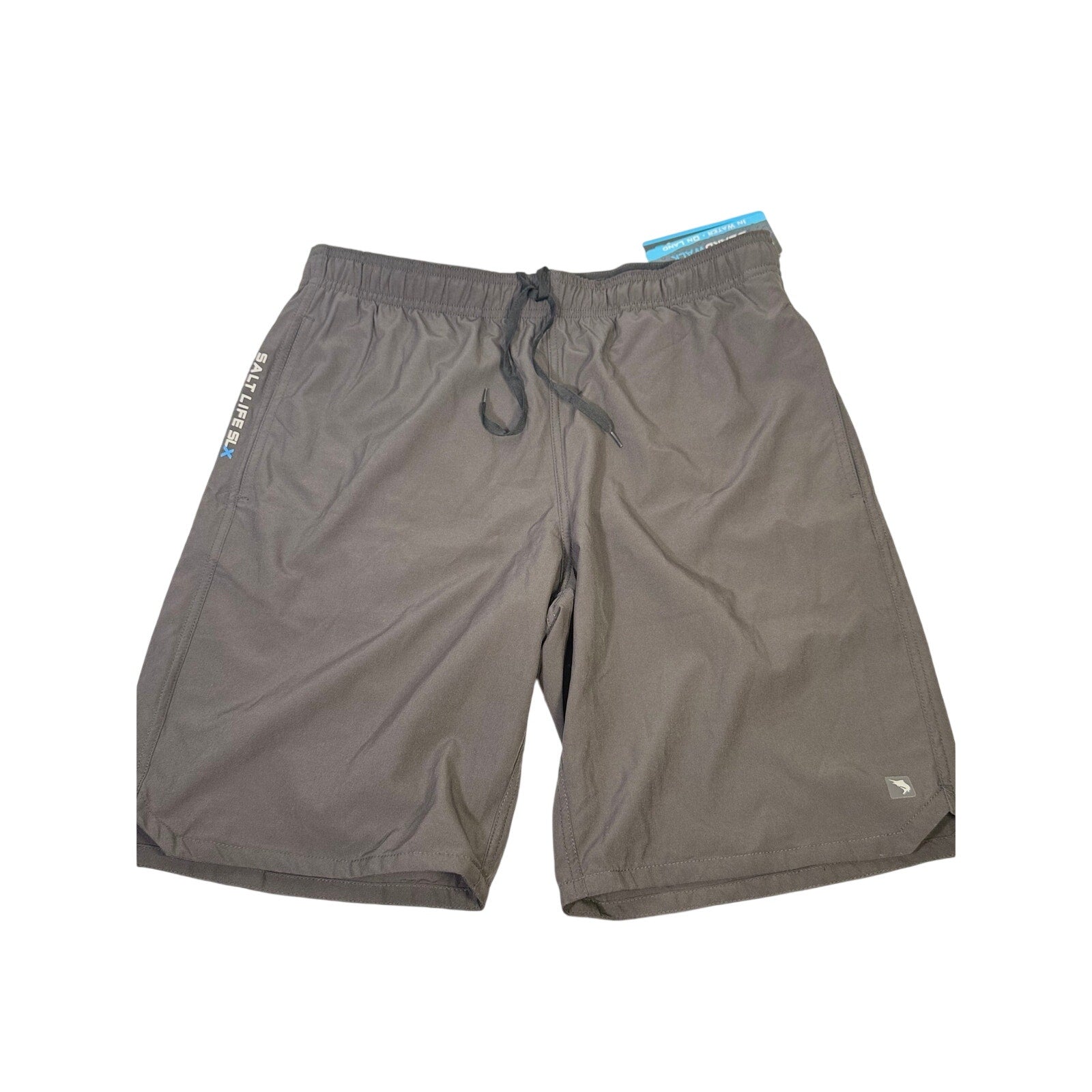 Salt Life men's black Breaker Performance Hybrid Shorts, medium size, shown flat with elastic waistband and quick-dry fabric.
