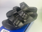 Black Birkenstock Arizona Big Buckle EVA sandals for women, showing the narrow fit and adjustable strap with large buckle.