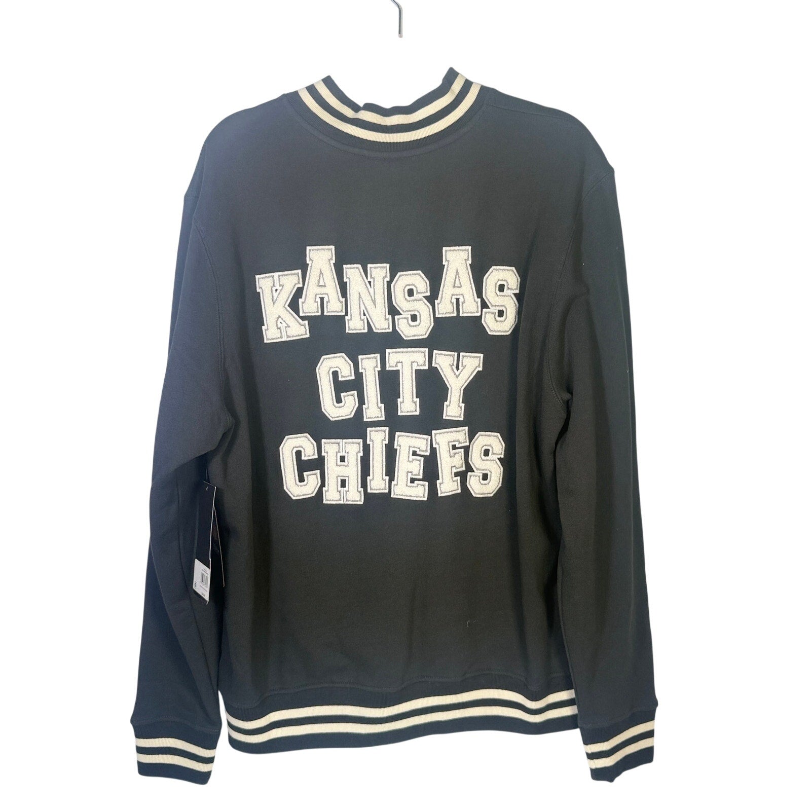 Stoney Clover Kansas City Chiefs women's varsity jacket in black, large size, front view with team logo and varsity style details.