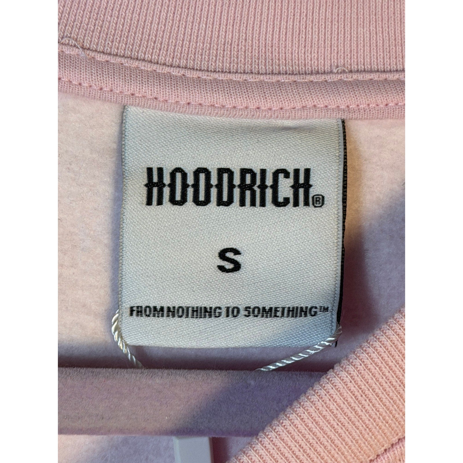Pink Hoodrich cropped sweatshirt with rhinestone logo, women's small crewneck pullover, stylish and comfortable casual wear.