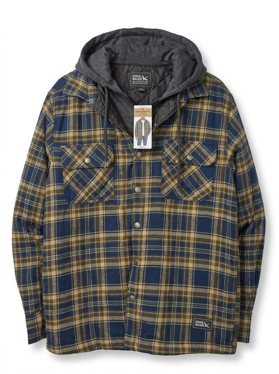 Eddie Bauer men's hooded flannel shirt jacket in navy/tan plaid with quilted lining, small size, casual outdoor style.