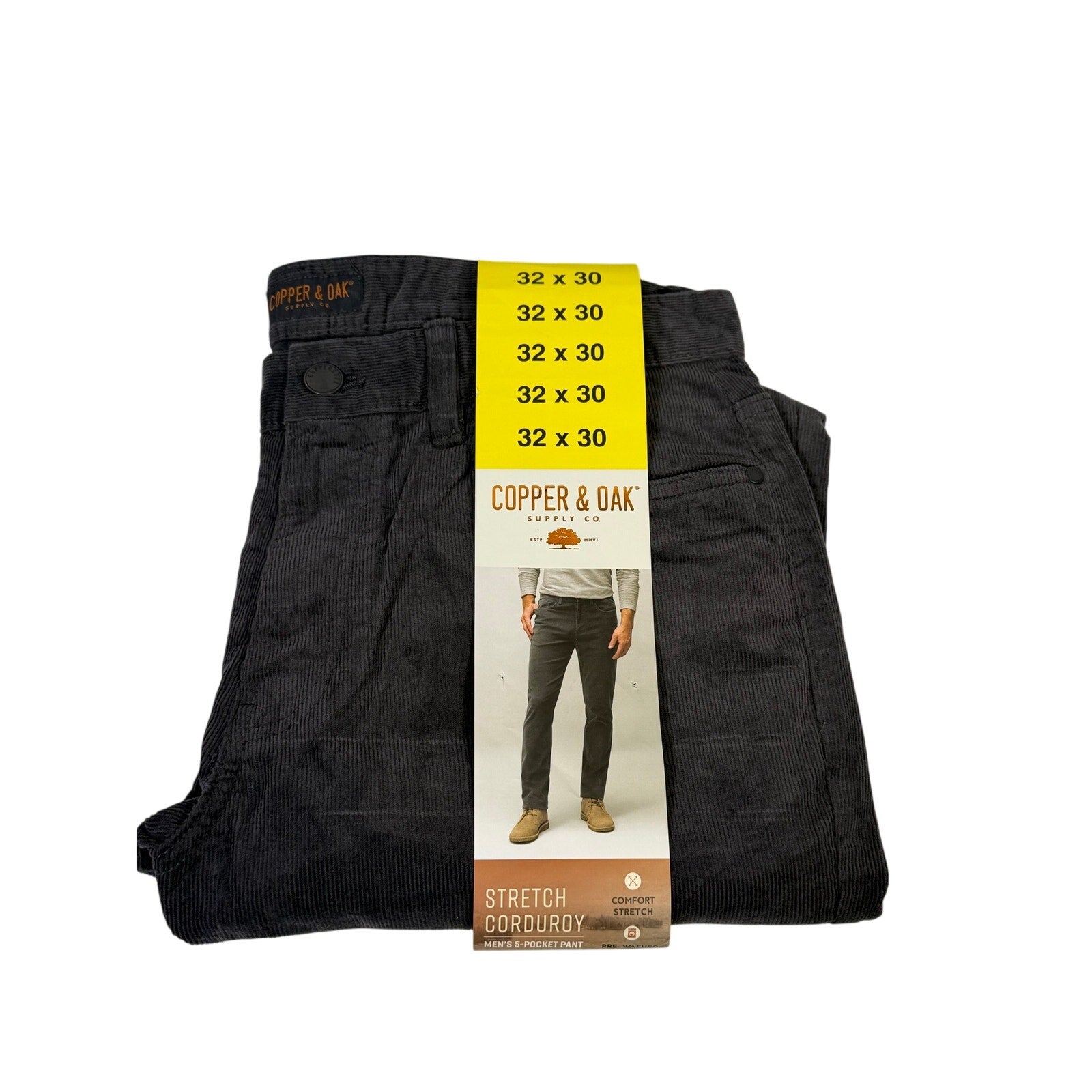 Copper & Oak men's gray corduroy pants in size 32x30 with tags, featuring a classic corduroy texture and tailored fit.