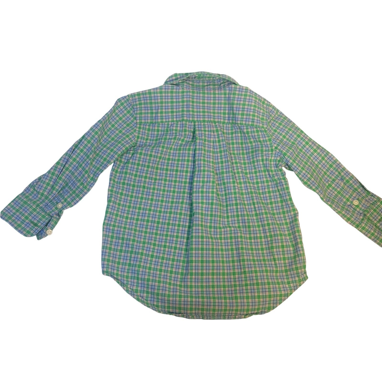 Ralph Lauren toddler boys plaid button-down shirt in green and blue, size 2/2T, with collar and long sleeves.