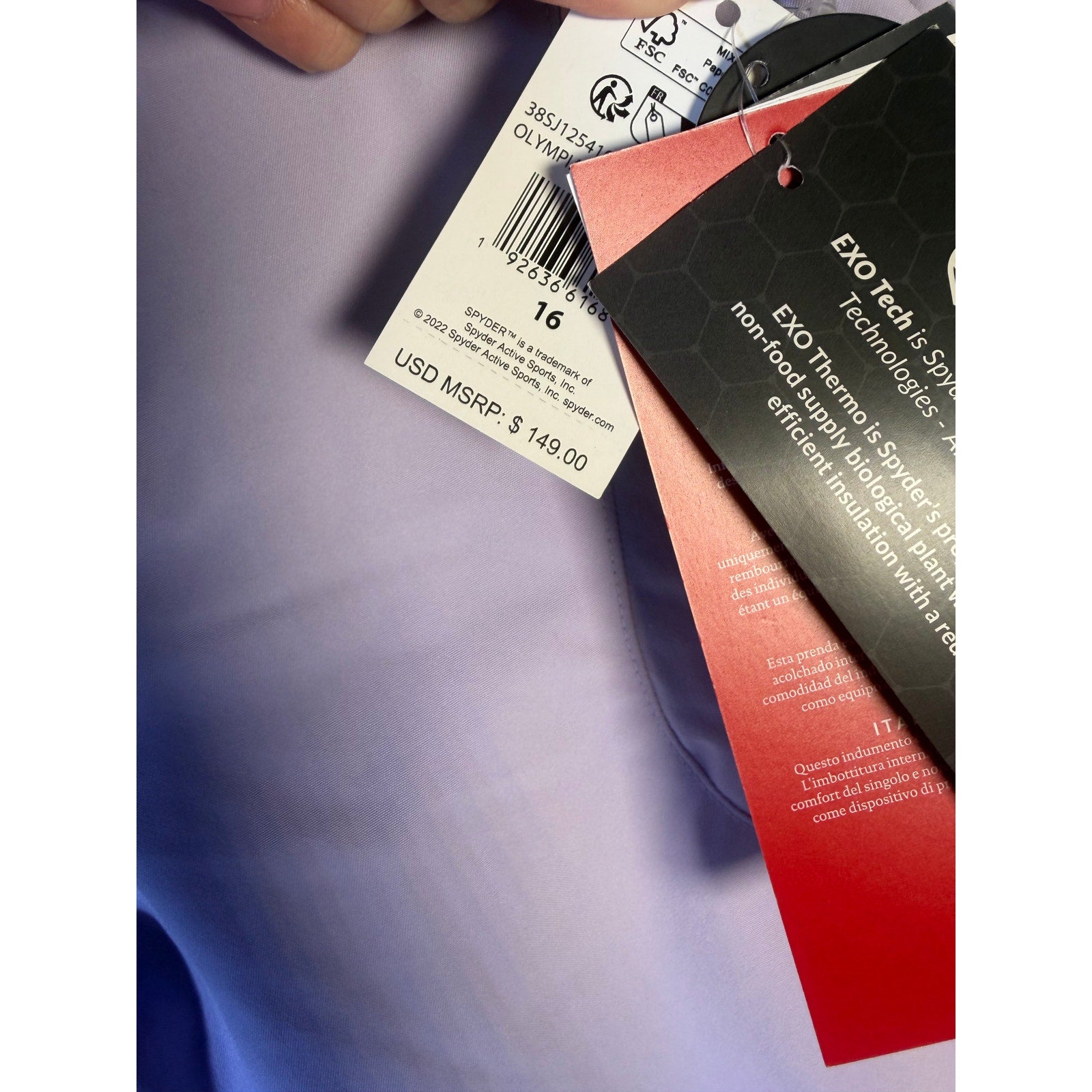 Spyder Women's Olympia ski snow pants in lavender, size 16, featuring EXO Tech and Thermo insulation, shown as leggings.