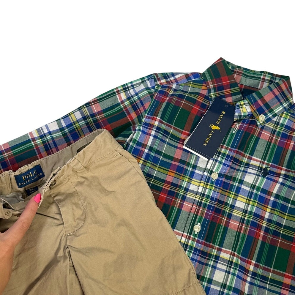 Ralph Lauren boys plaid shirt and khaki chino shorts outfit set for 2T, featuring a classic polo shirt and matching shorts.