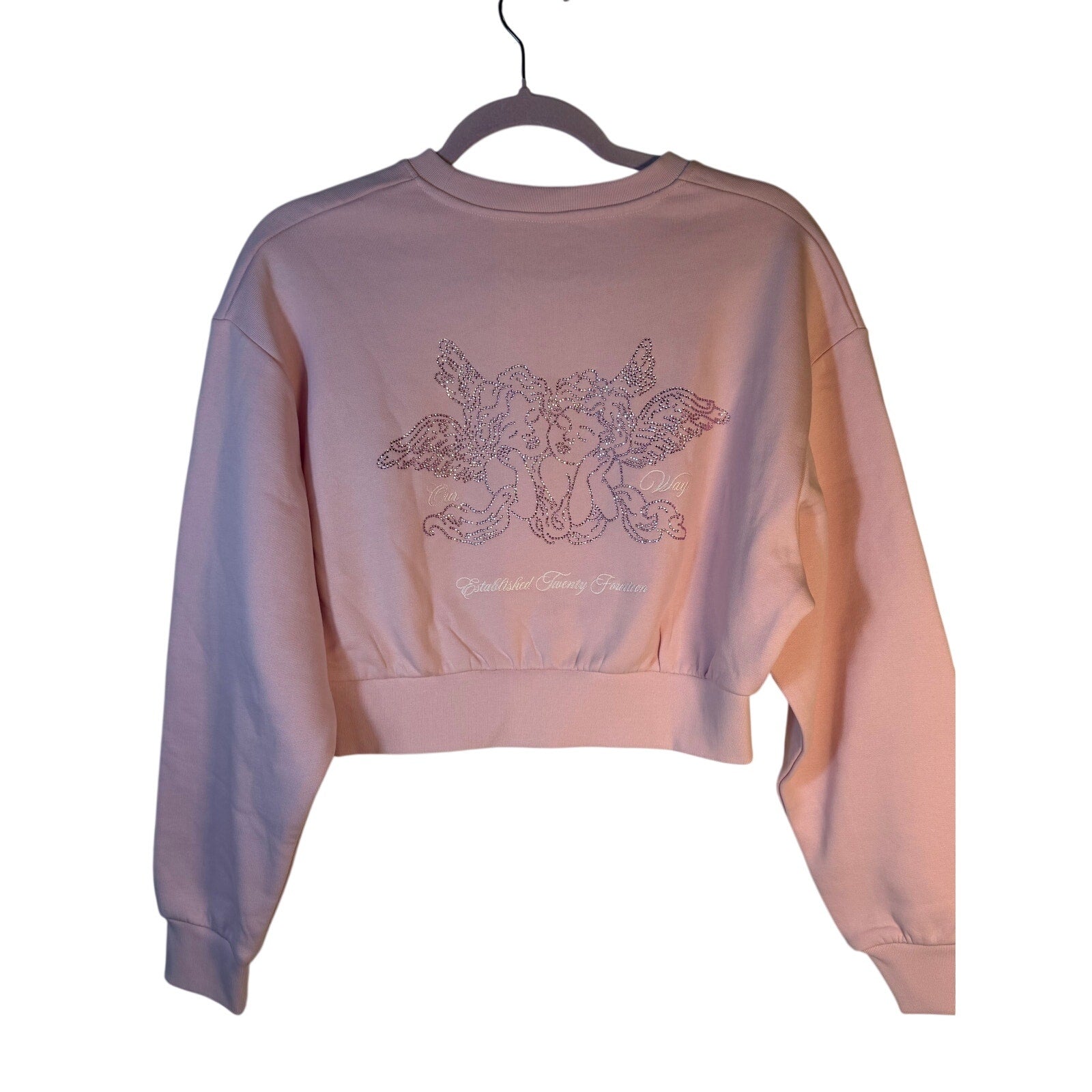Pink Hoodrich cropped sweatshirt with rhinestone logo, women's small crewneck pullover, stylish and casual for everyday wear.