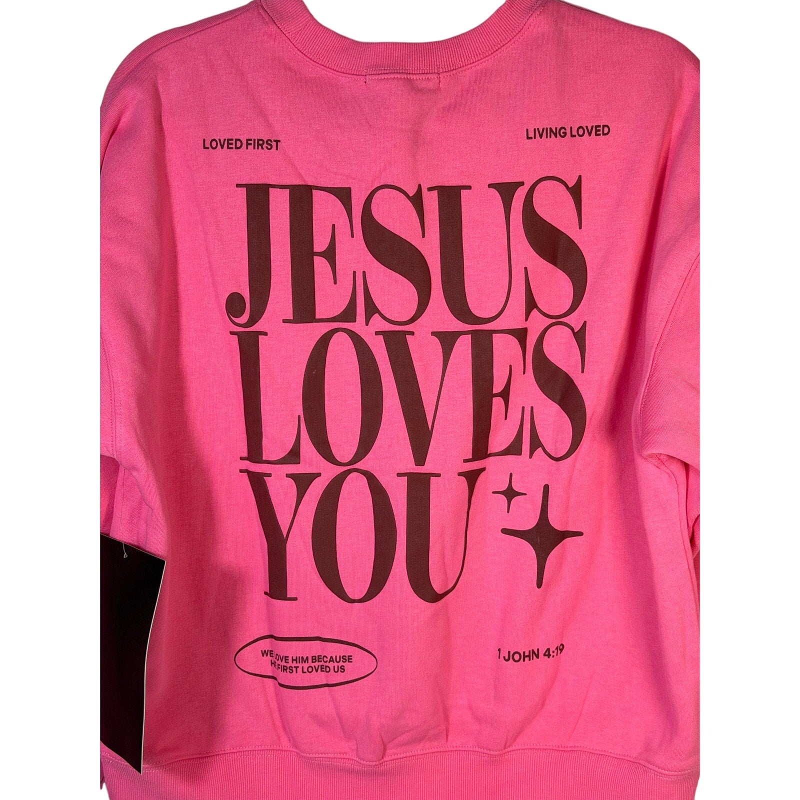 Pink Revival Club Christian crewneck sweatshirt with "Jesus Loves You" print, size small, new with tags.