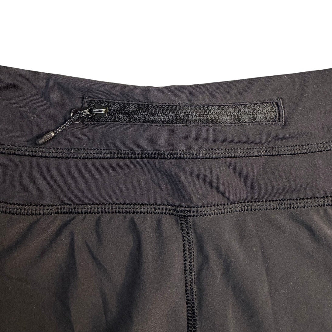 Lululemon women's black running shorts with size 8, zip back pocket, lightweight athletic shorts for active wear.