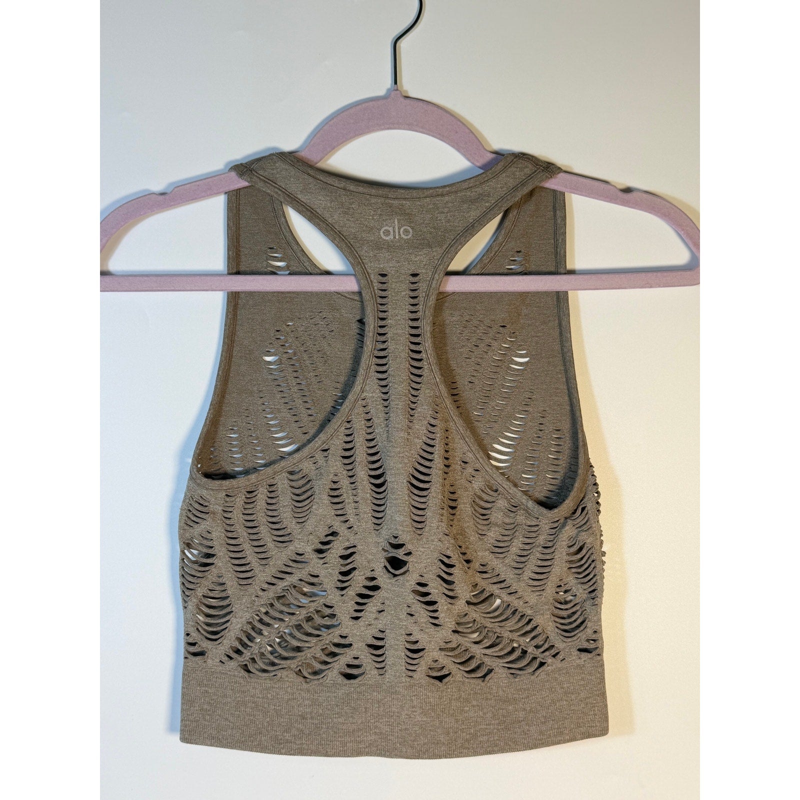 Gray Alo Yoga Seamless Open Knit Racerback Tank Top for women, lightweight activewear with breathable open-knit design.