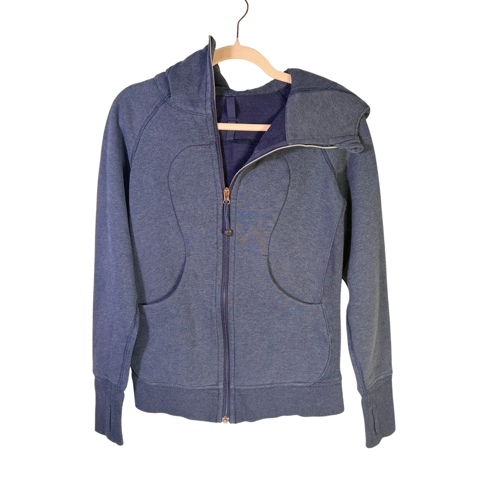 Lululemon women's Heathered Blue Scuba Full-Zip Hoodie, size 6, featuring a soft fabric and zip-up front for comfortable wear.
