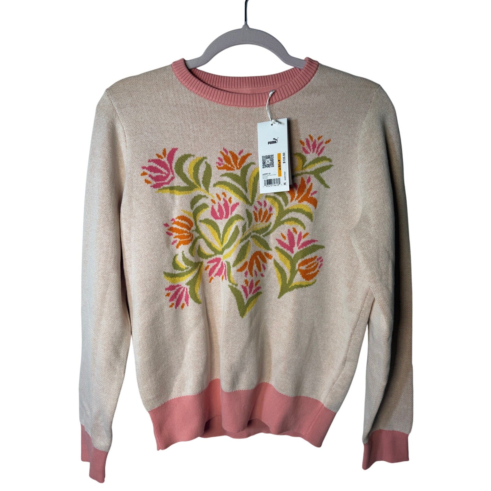 PUMA x Dani Dazey Floral Knit Crewneck Sweater Warm Blanc Women's Small NWT