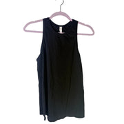 Lululemon women's black high-neck open-back athletic tank top, size 4, shown on a model with a fitted silhouette and athletic design.