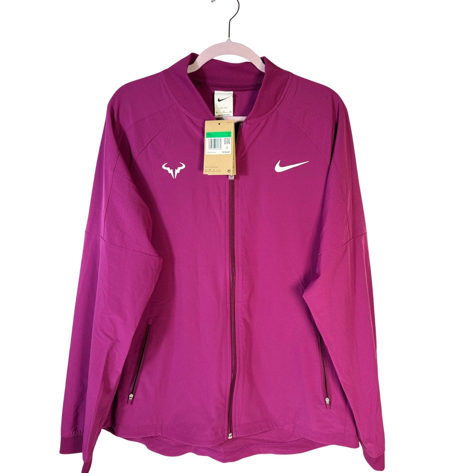 Men's Nike Rafa Dri-FIT tennis jacket in purple, full-zip, XL size, lightweight athletic jacket with Nike branding.