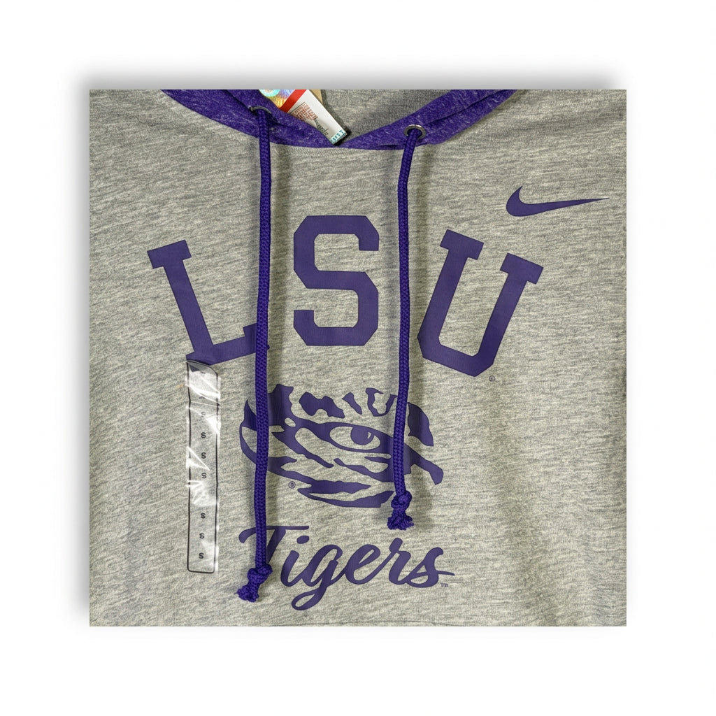 Nike LSU Tigers grey and purple collegiate logo hoodie, size small, with front logo and comfortable fabric.