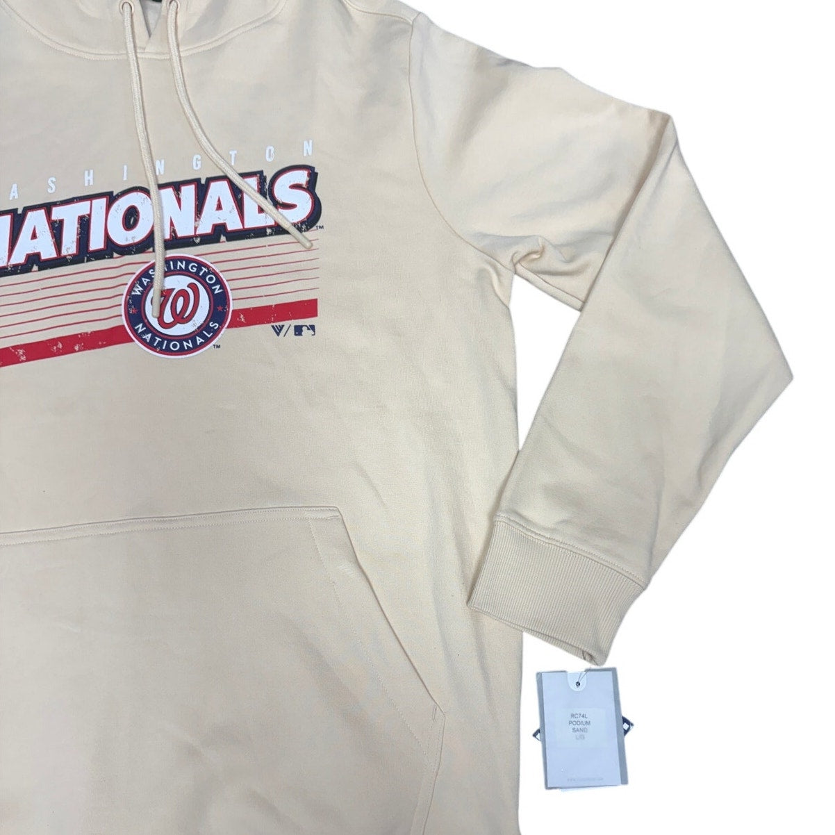 Cream Levelwear Washington Nationals Podium Grain hoodie, size L, showing the front design and soft fabric texture.
