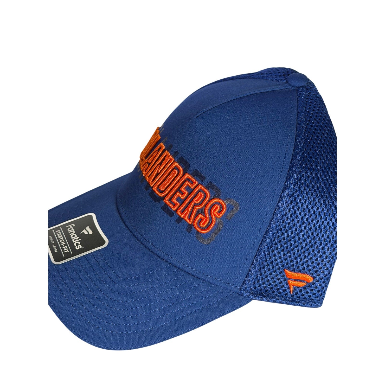 Fanatics New York Islanders NHL stretch fit mesh hat in blue, medium/large size, featuring team logo and breathable design.