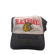 ’47 Chicago Blackhawks adjustable beige and black hat with embroidered team logo and one-size fit, casual sports fan headwear.