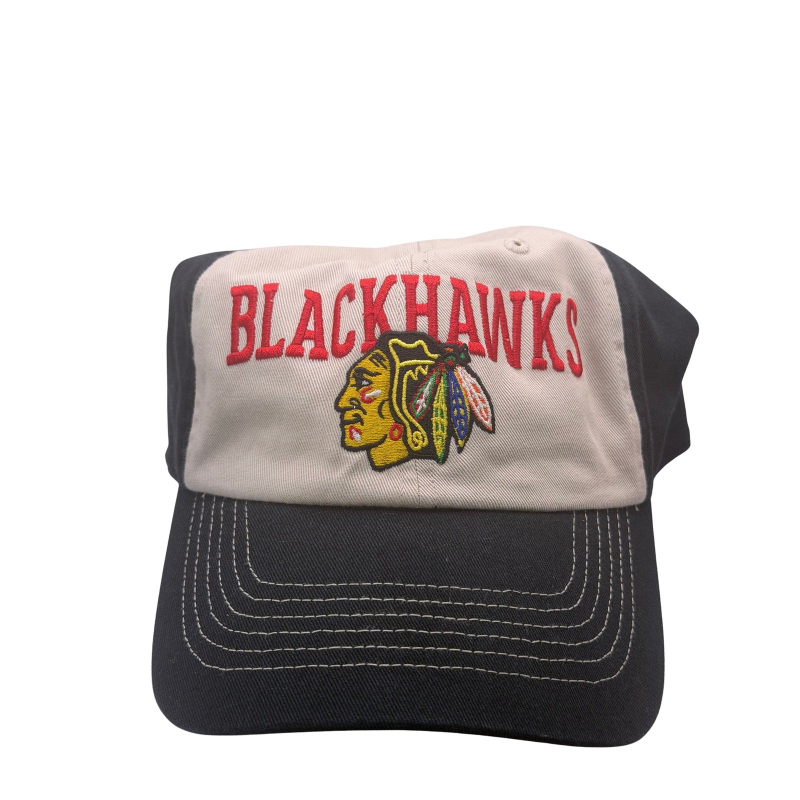 ’47 Chicago Blackhawks adjustable beige and black hat with embroidered team logo and one-size fit, casual sports fan headwear.