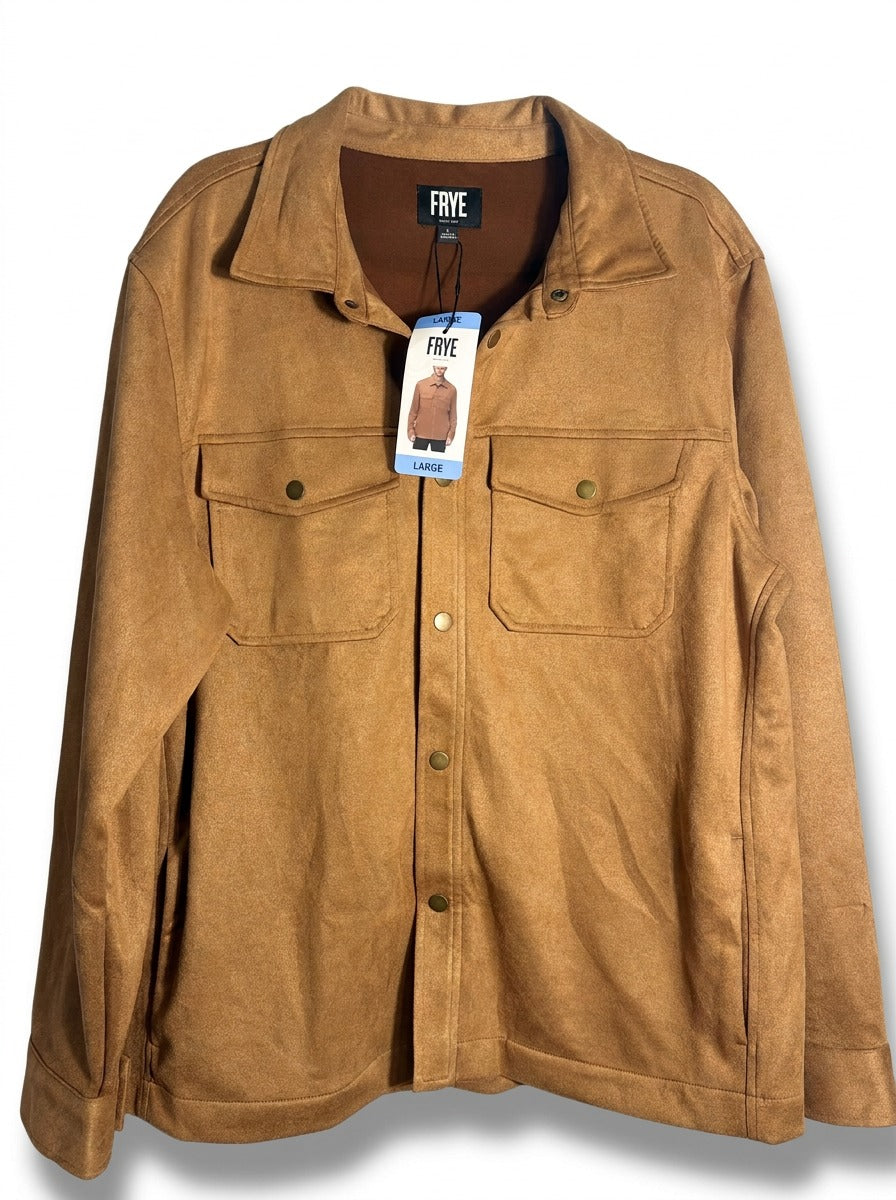 Frye men's camel tan faux suede snap button shirt jacket, size large, displayed on a hanger with visible collar and button details.