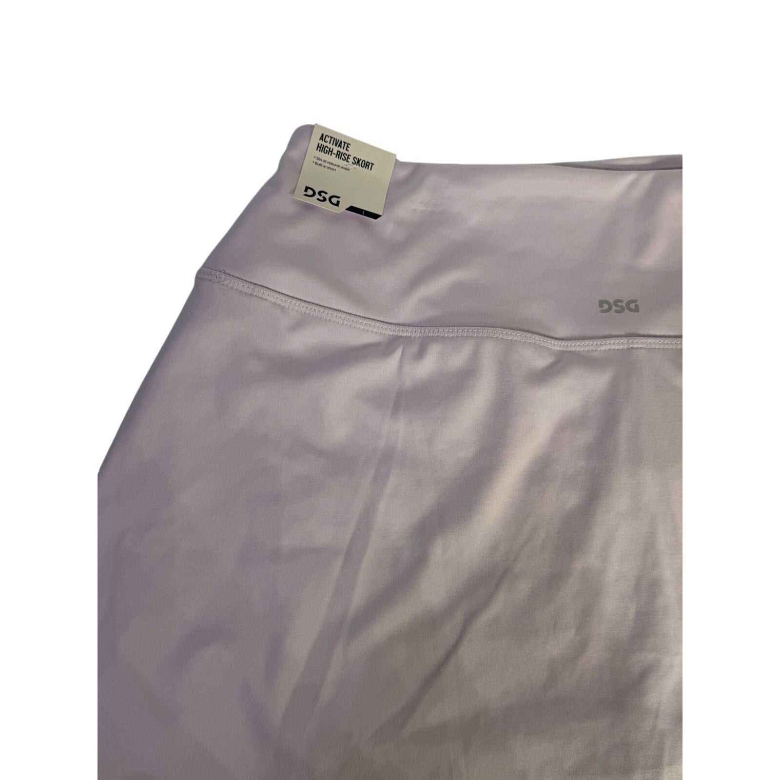 DSG Women’s Activate high-rise lavender skort with built-in shorts, size L, featuring a stylish and comfortable athletic design.