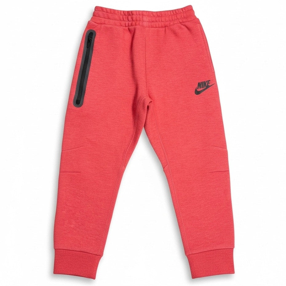 Nike Kids Tech Fleece Jogger Pants in red for ages 4-5, size 5, with elastic waistband and soft fleece fabric.