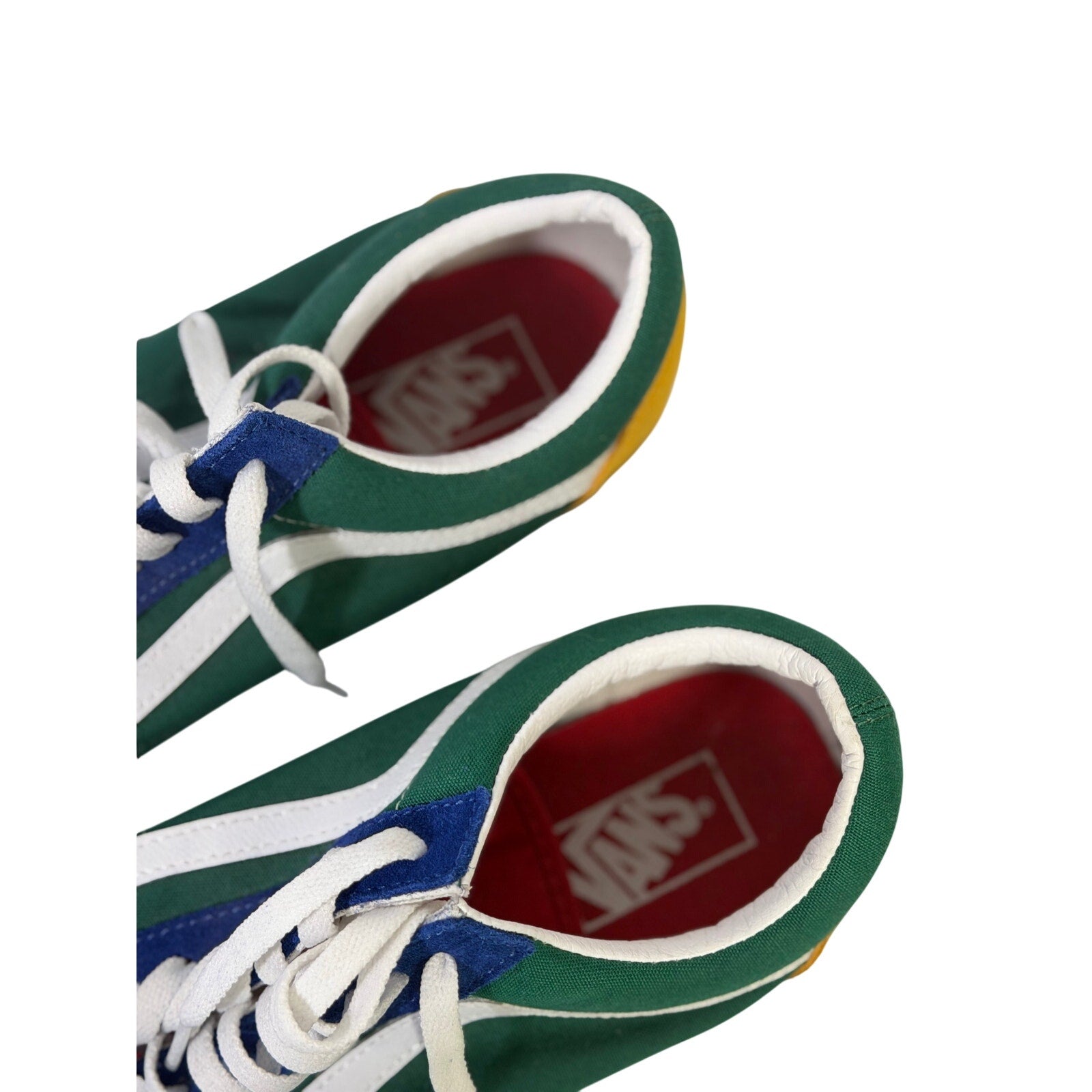 VANS Old Skool colorblock sneakers in green, blue, and white, men's size 10.5 and women's size 12, with classic skate shoe design.