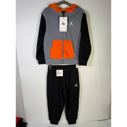 Jordan boys 2-piece hoodie and jogger pants set in gray, black, and orange, size 4T, new with tags, casual athletic clothing.