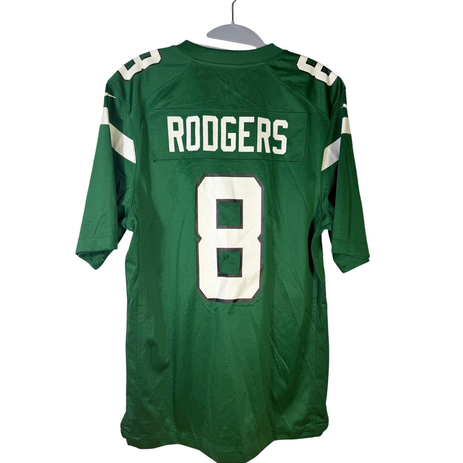 Nike New York Jets Aaron Rodgers #8 football jersey for men, small size in green, with team logo and player number visible.