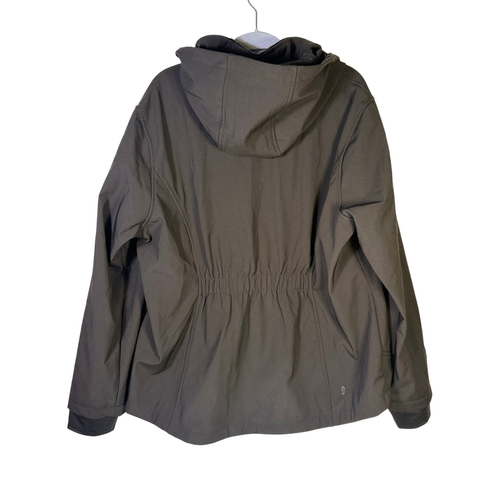 Gray fleece-lined hooded softshell jacket for women by Free Country, size 2XL, shown on a hanger.