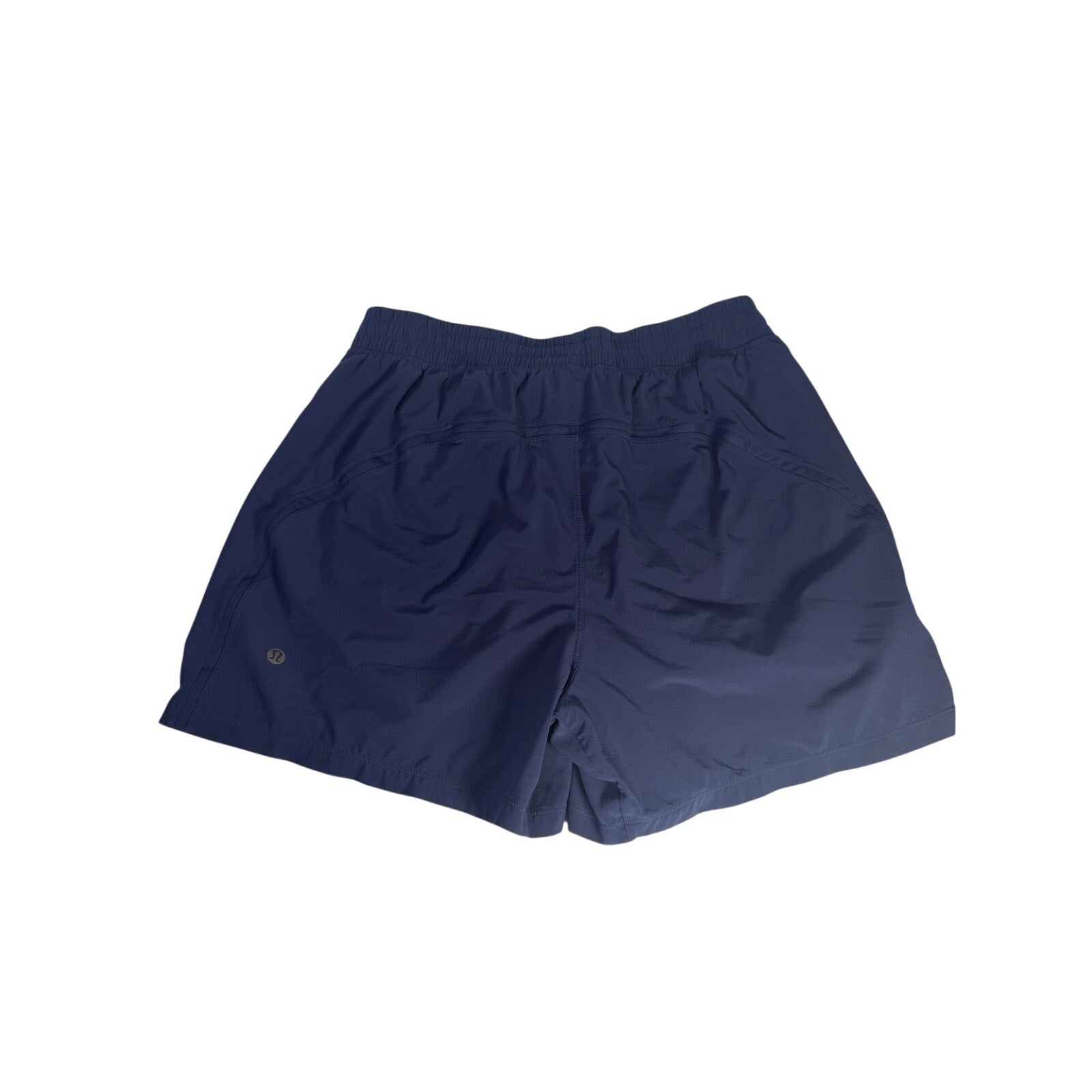 Lululemon men's navy blue athletic running shorts, size M, with breathable fabric and stretch waistband, suitable for active wear.