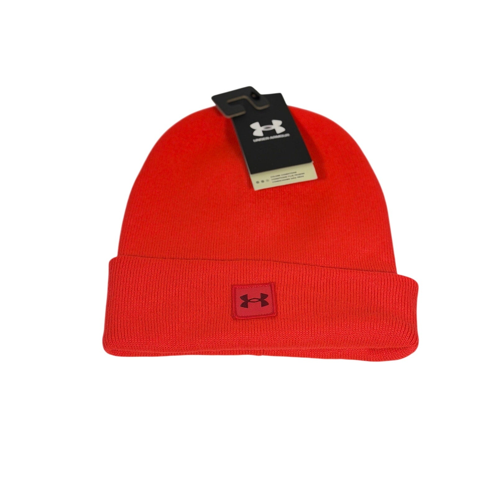 Under Armour red knit beanie hat with cuff, unisex, one size, featuring a cozy, stretchy knit fabric for warmth and comfort.