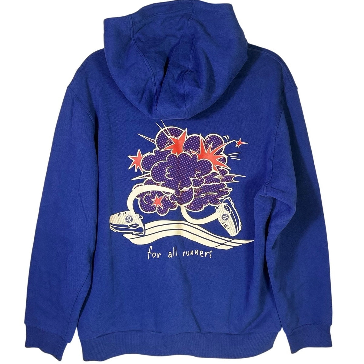 Lululemon women's blue For All Runners graphic hoodie, size M, new with tags, showing front view with runner graphic design.