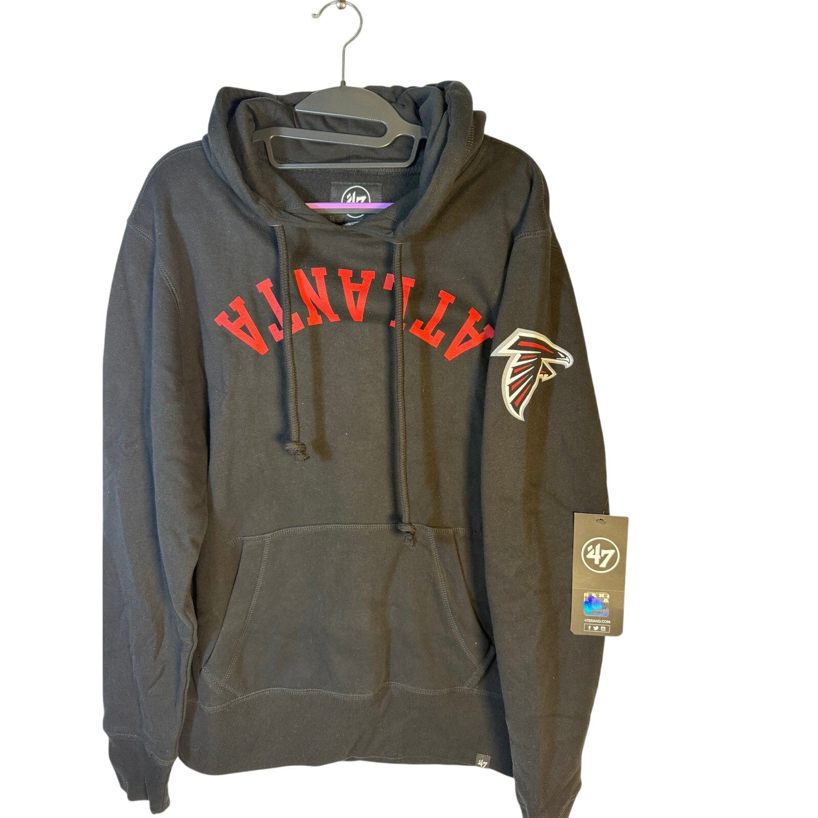 Black men's 47 Brand Atlanta Falcons hoodie featuring a pullover fleece design with hood and team logo, size small.