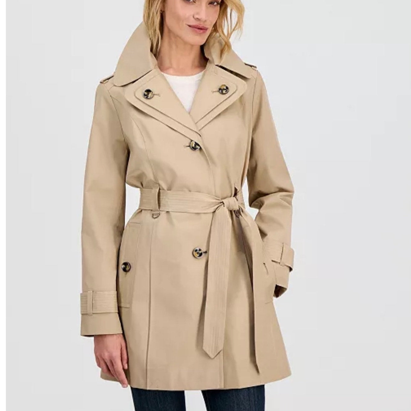 London Fog women's double lapel trench coat in size large, classic beige color, stylish and tailored for a sophisticated look.