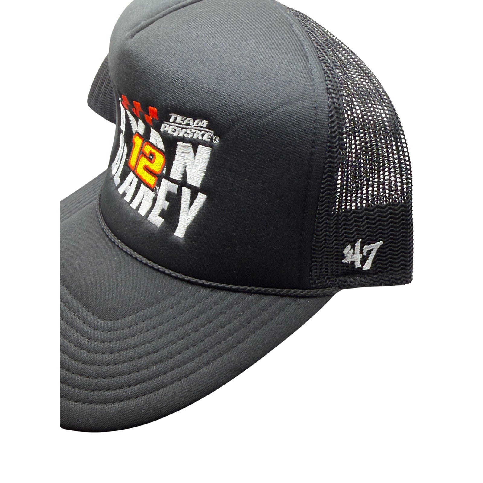 Black NASCAR Ryan Blaney #12 Team Penske trucker snapback hat by ’47 with logo embroidery and adjustable strap
