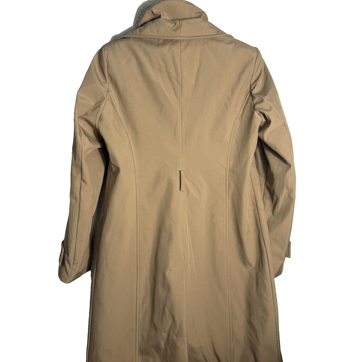 Halston women's camel soft shell coat with asymmetric zip and knit collar bib, small size, showing front view of the jacket.