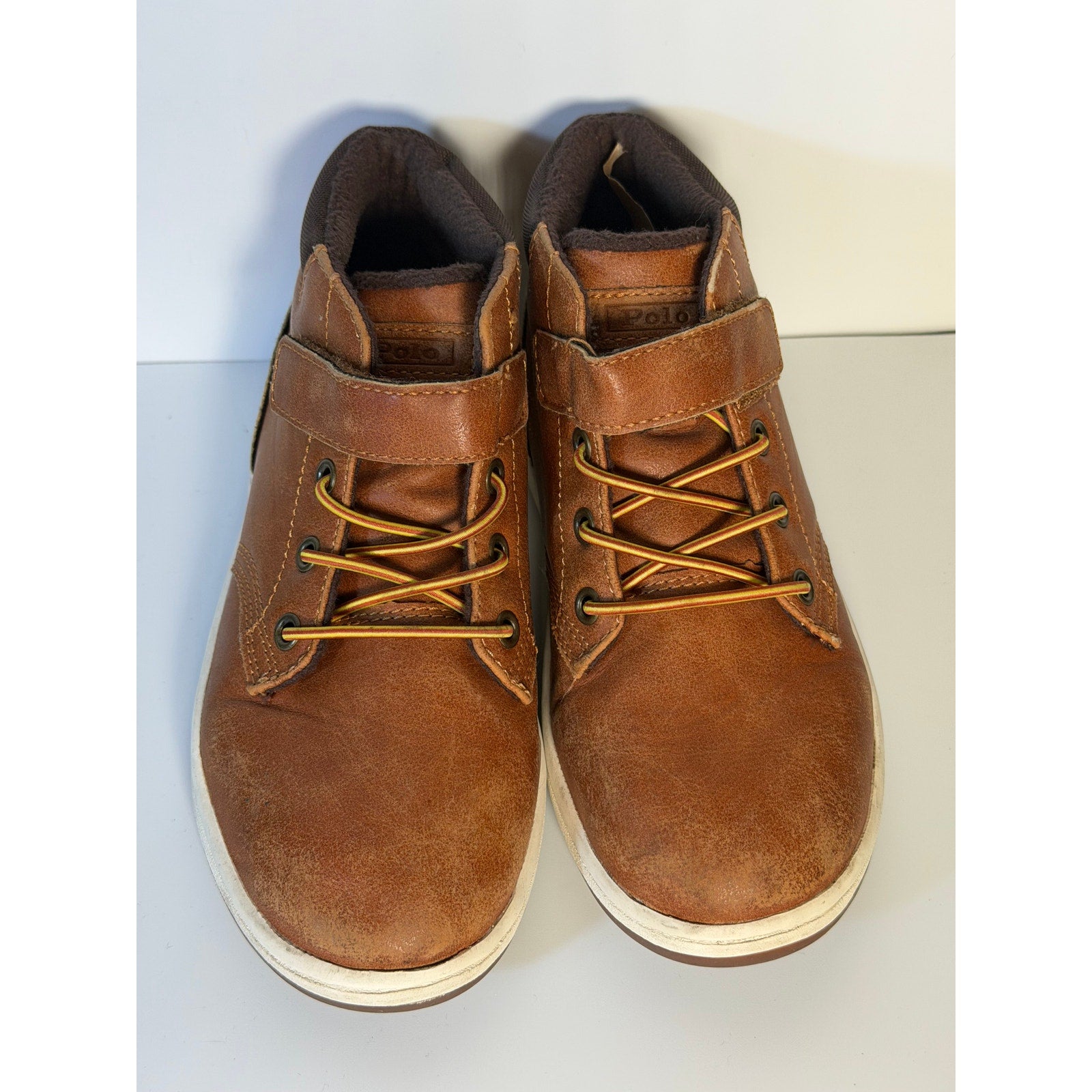 Pre-owned Polo Ralph Lauren kids' mid-top sneakers in brown with hook and loop straps, US size 13C, displayed on a plain background.