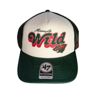 Green and white Minnesota Wild NHL trucker hat by '47 Brand with adjustable strap and team logo, adult size.