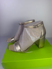 Sam Edelman gold metallic block heel ankle strap sandals for women, size 9.5, with stylish design and open toe.