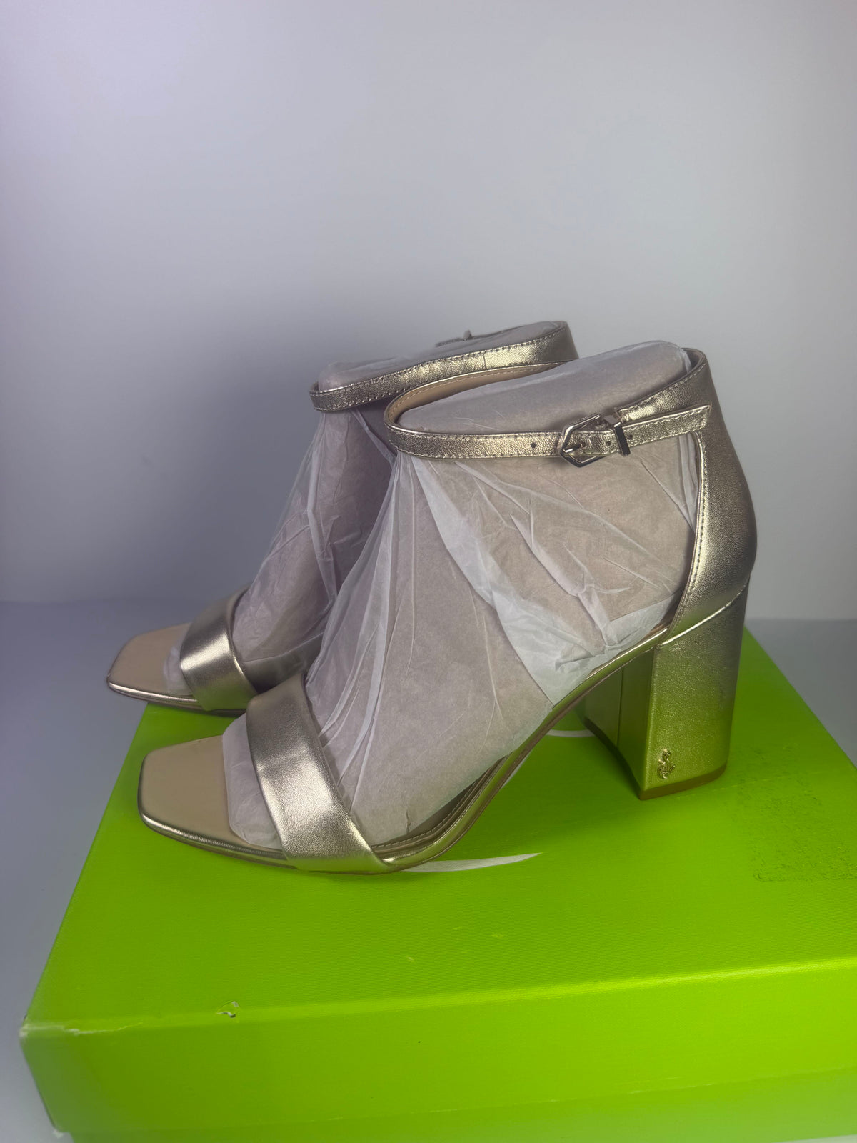 Sam Edelman gold metallic block heel ankle strap sandals for women, size 9.5, with stylish design and open toe.