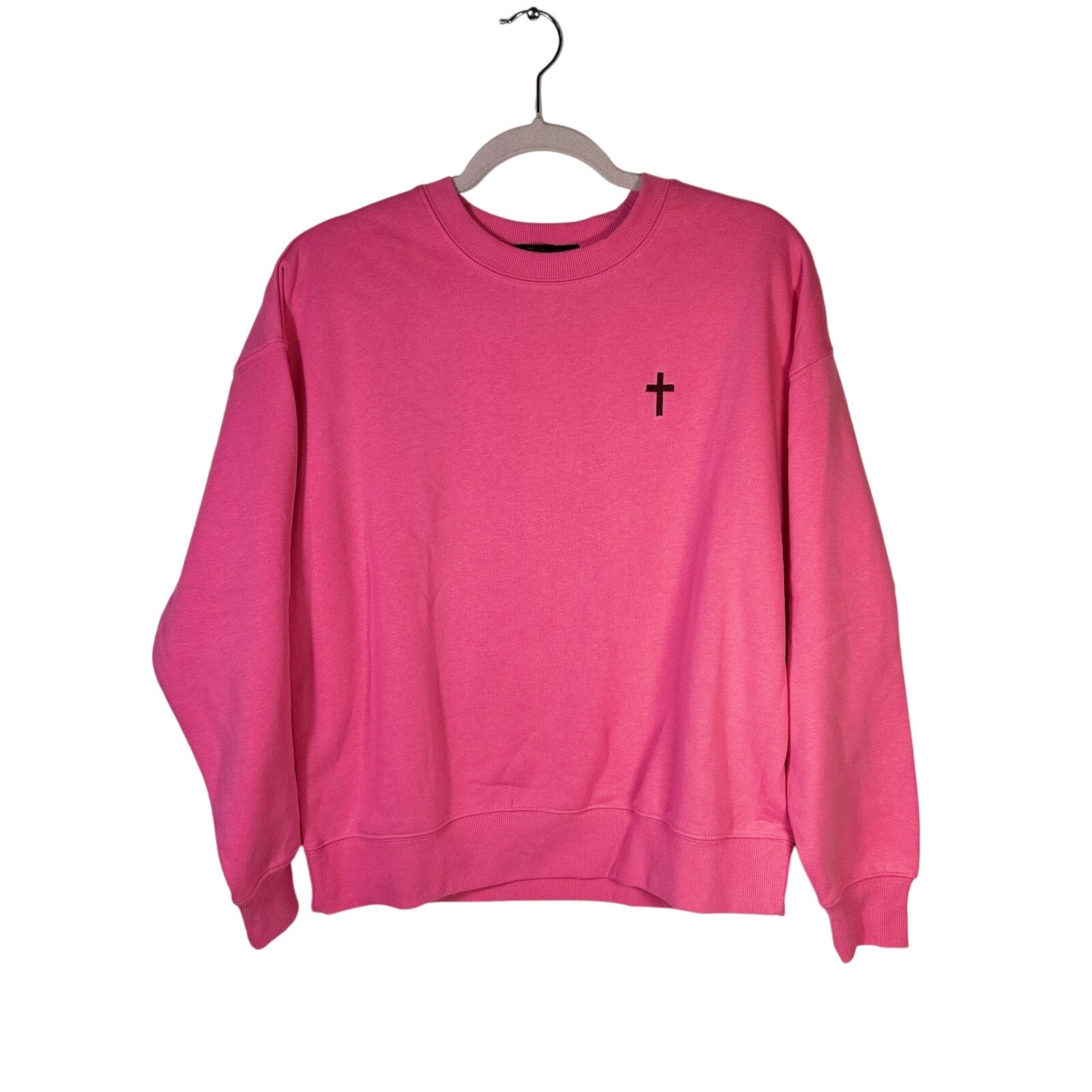 Revival Club pink Christian crewneck sweatshirt with "Jesus Loves You" print, size small, soft cotton fabric.