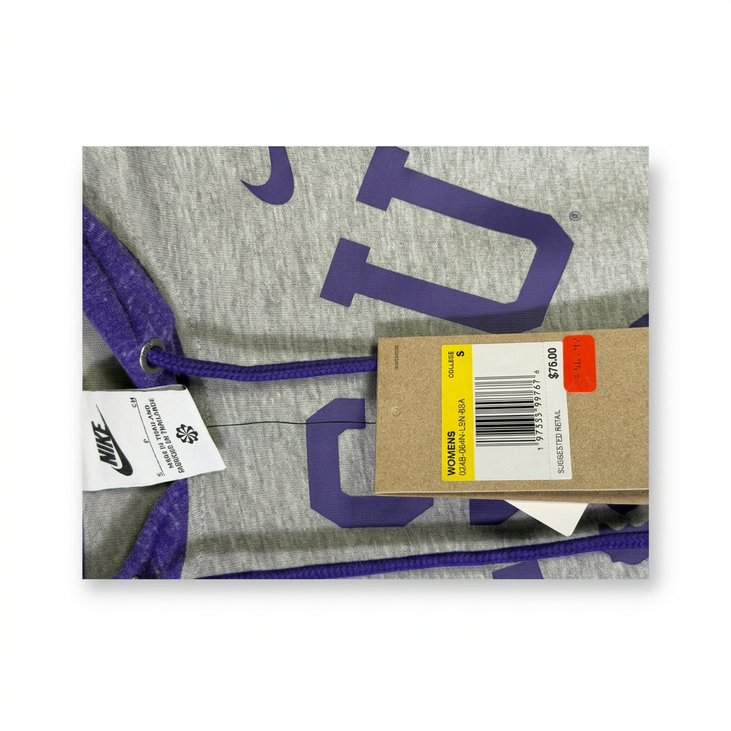 Nike LSU Tigers collegiate logo hoodie in grey and purple, showing front view with LSU team emblem and drawstring hood.