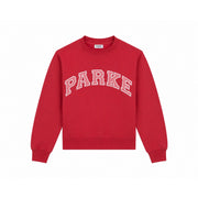 Pink PARKE Heritage Varsity Mockneck Sweatshirt for women, women's pullover with a cozy mockneck style and varsity design.