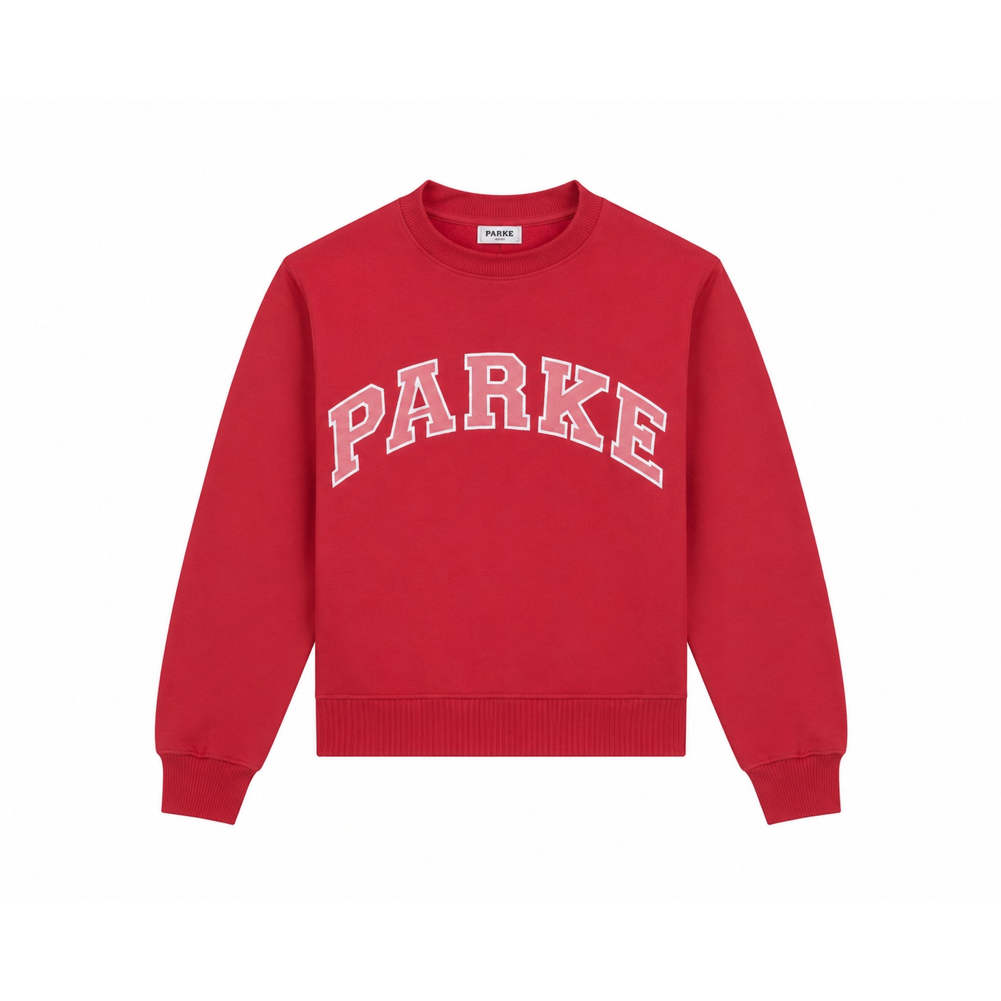 Pink PARKE Heritage Varsity Mockneck Sweatshirt for women, women's pullover with a cozy mockneck style and varsity design.