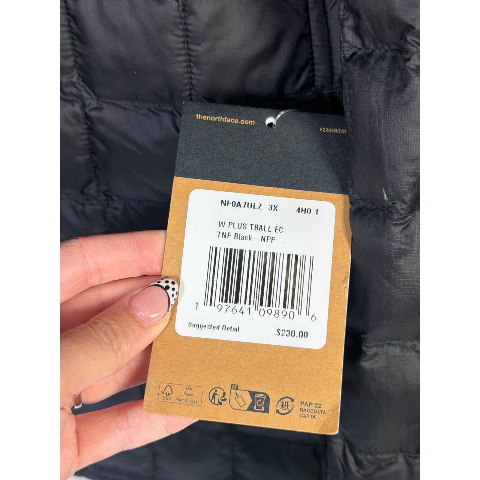 The North Face Women’s Plus ThermoBall Eco Jacket in black, size 3X tall, showcasing its puffer style and quilted design.