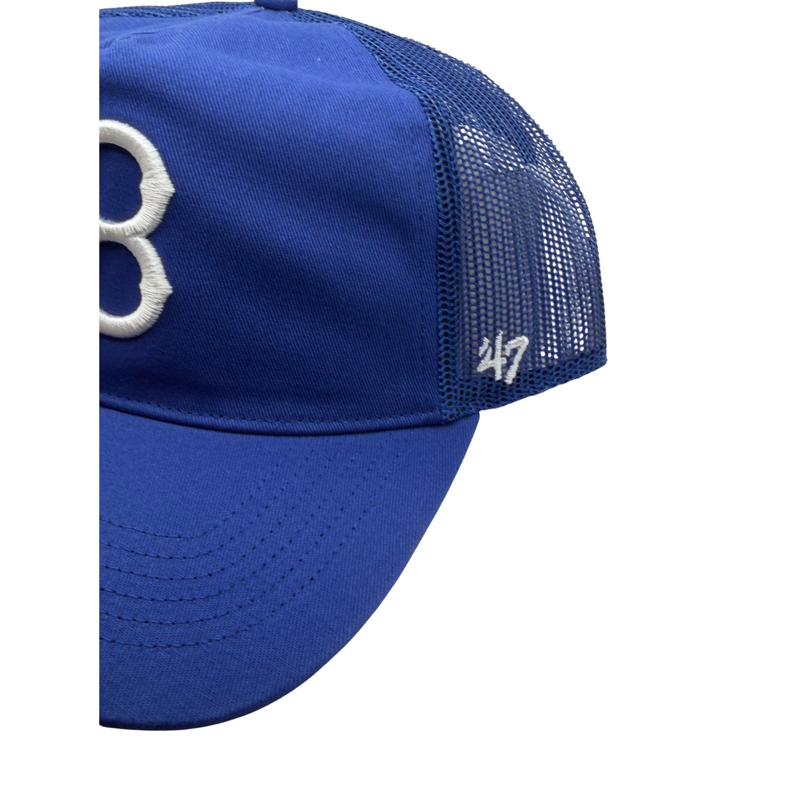 ’47 Brand Brooklyn Dodgers trucker hat with blue mesh panels and snapback closure, classic MLB baseball cap style