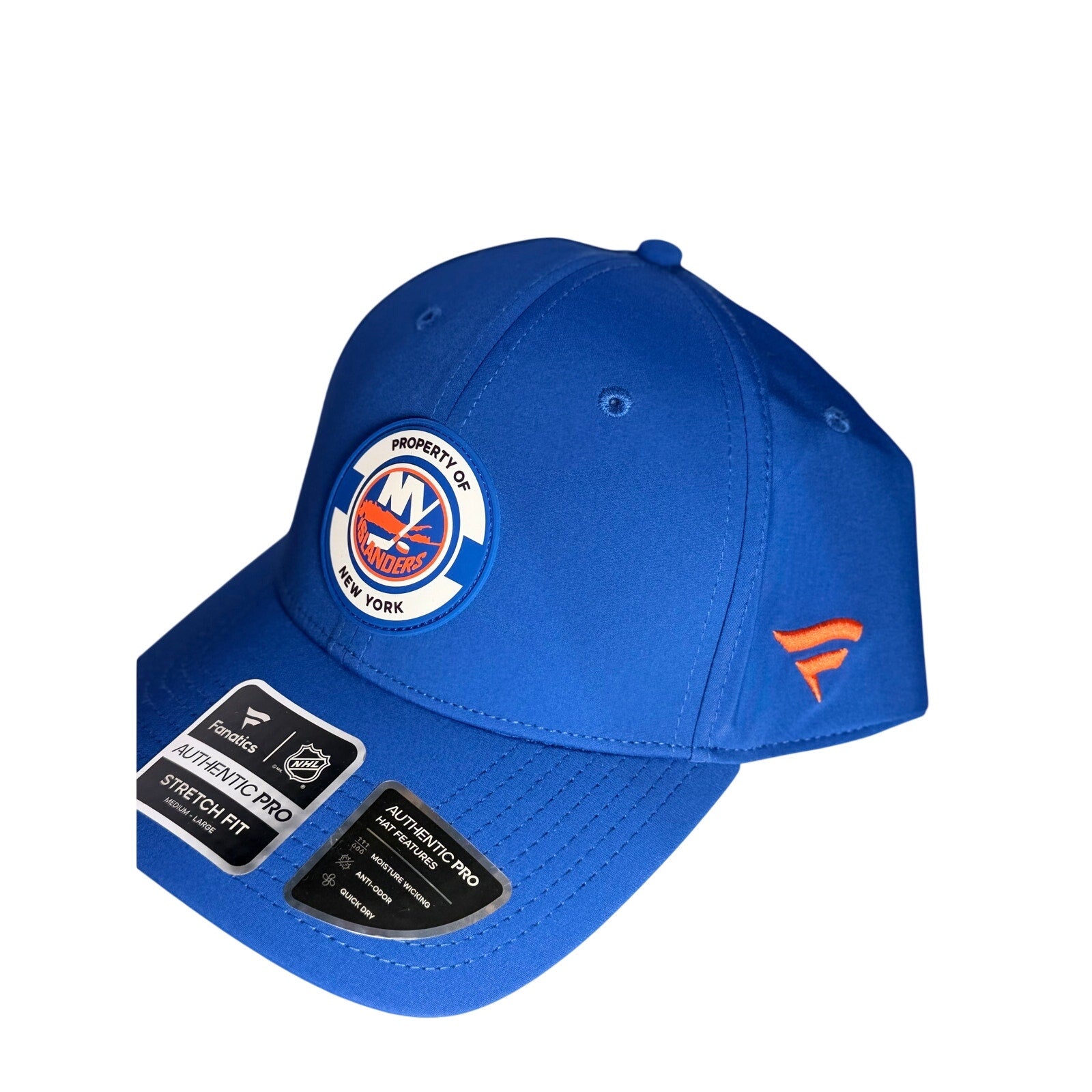 Fanatics New York Islanders authentic pro stretch fit blue hat, M/L size, front view showing team logo and adjustable fit.
