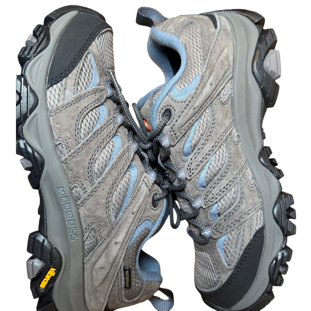 Merrell Moab 3 women's hiking sneakers in blue, gray, and black, size 8, with durable mesh and rubber outsole.