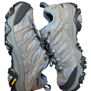 Merrell Moab 3 women's hiking sneakers in blue, gray, and black, size 8, with durable mesh and rubber outsole.